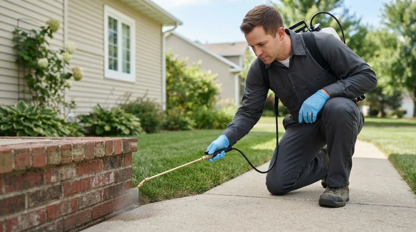 Pest control technician treating a home near Mantorville, MN